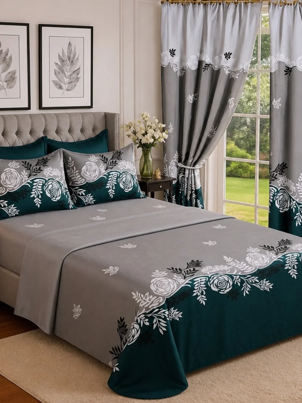 Teal and Gray Floral Bedding Sheet Set by